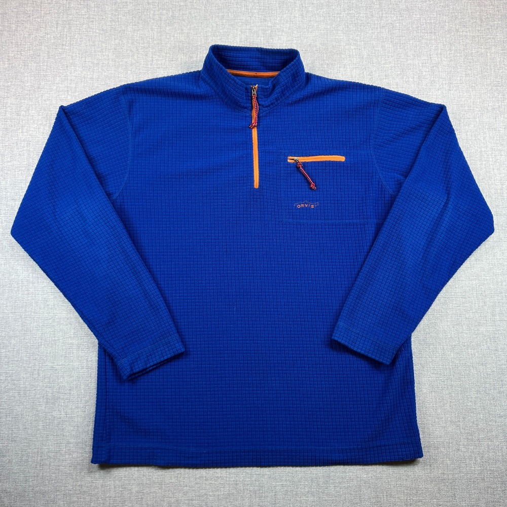 Orvis Trout Bum Grid Fleece 1/4 Zip Men L Blue Outdoor Waffle Thermal Layer GORP
